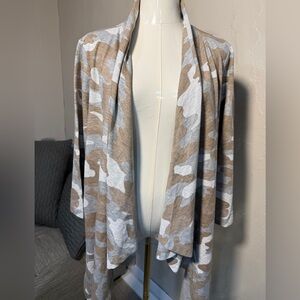 Live + Well Neutral Camo Open Front Cardigan Size Large Soft Stretch Knit